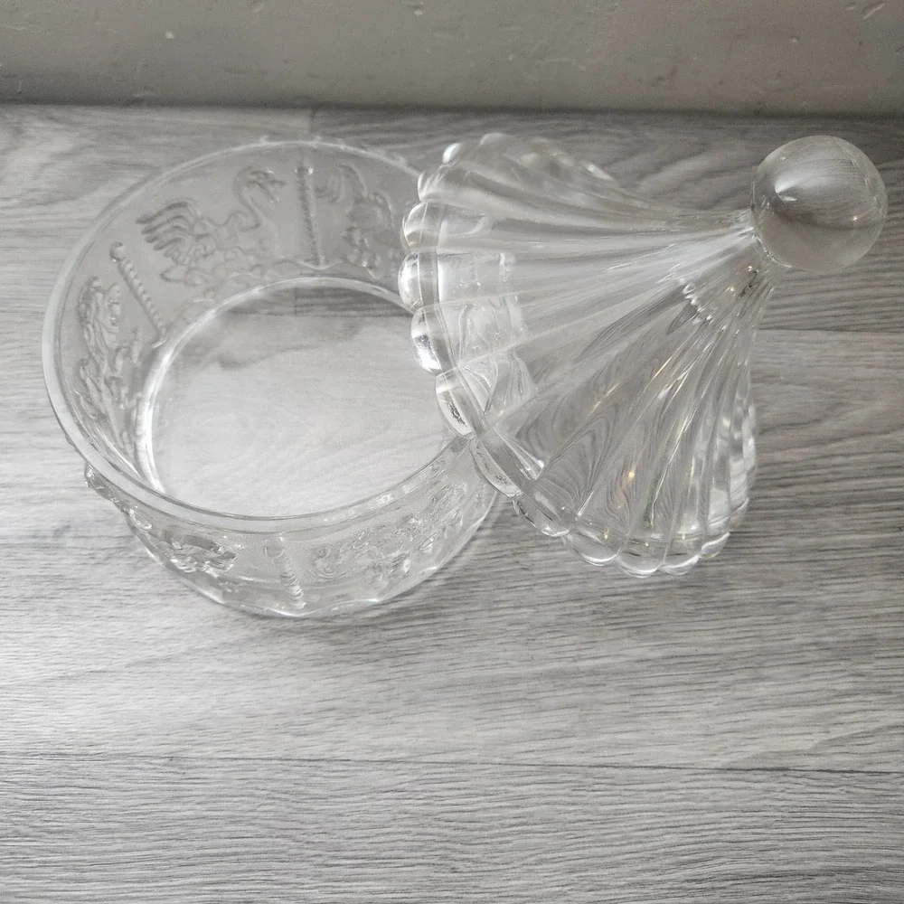 Vintage Clear‎ Pressed Glass Carousel Trinket Box Lidded Candy Dish Horse Swan